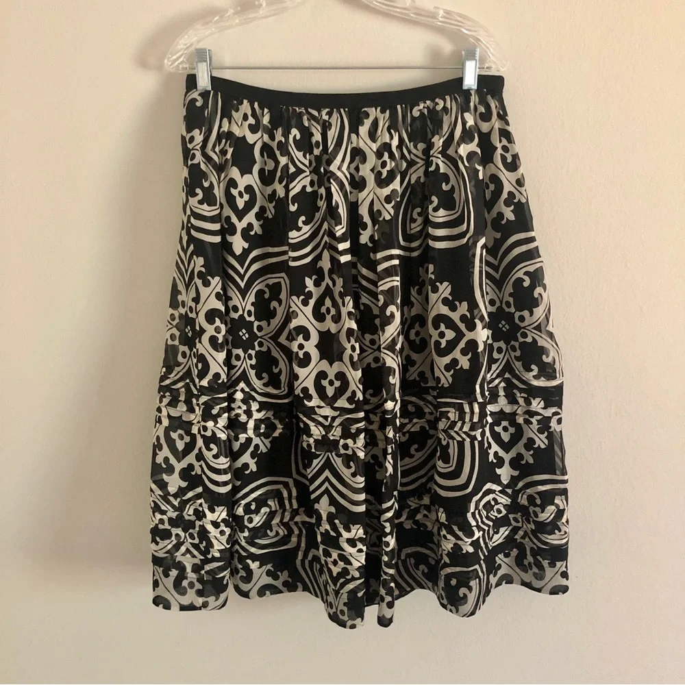 J. Crew Black and White Damask Print Silk Midi Skirt